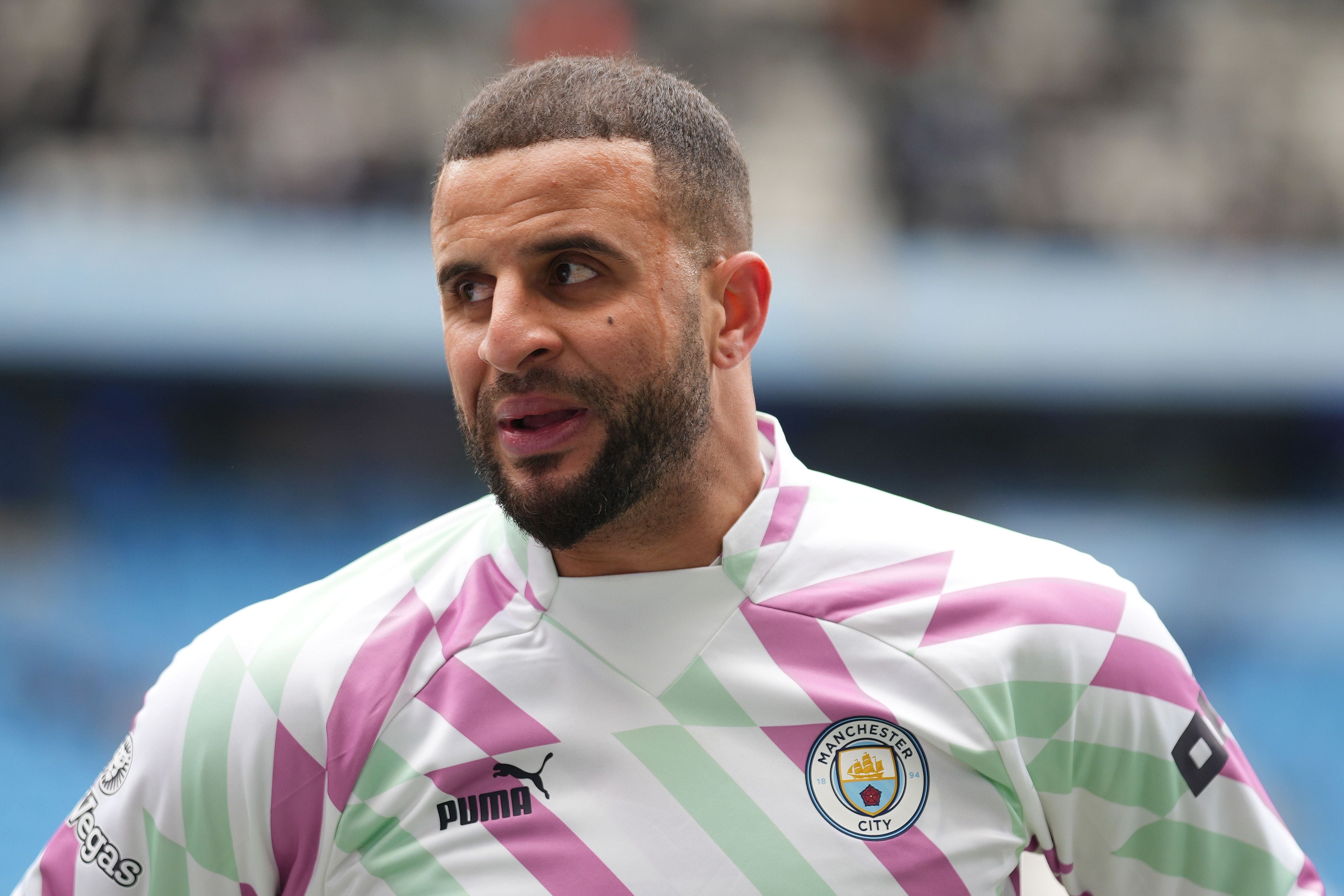 MANCHESTER, ENGLAND - MARCH 04: Kyle Walker of Manchester City looks on prior to the Premier League match between Manchester City and Newcastle United at Etihad Stadium on March 04, 2023 in Manchester, England. (Photo by Tom Flathers/Manchester City FC via Getty Images)