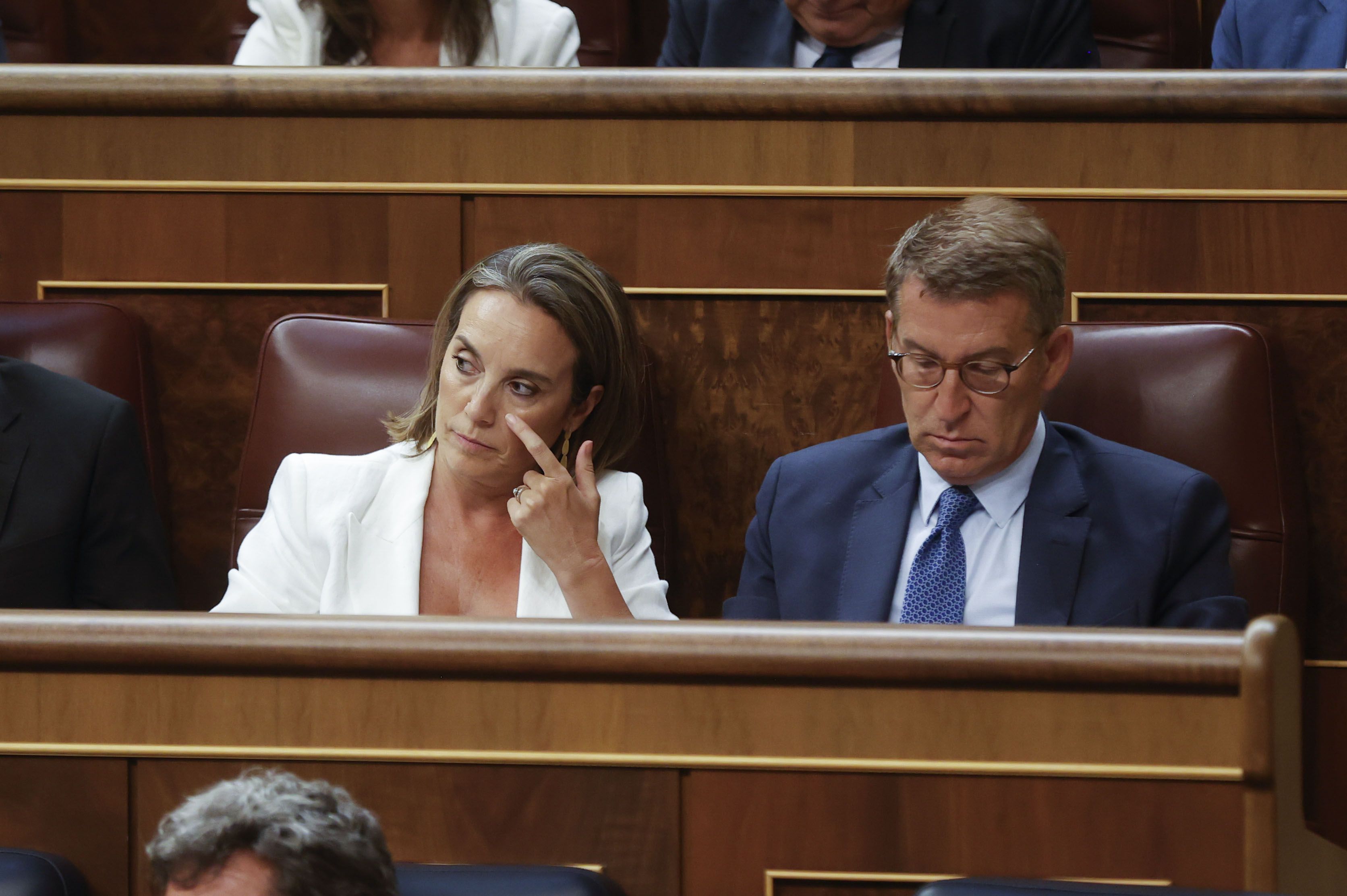 El líder del PP, Alberto Núñez Feijóo y la secretaria general de la formación, Cuca Gamarra, durante la sesión constitutiva de las Cortes