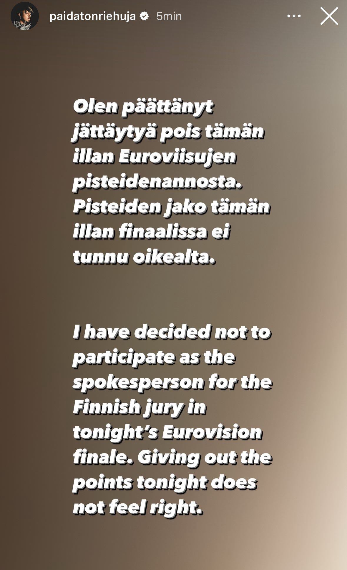 Kaarija, el portavoz finlandés también se niega a entregar los puntos en el Festival de Eurovisión 2024.