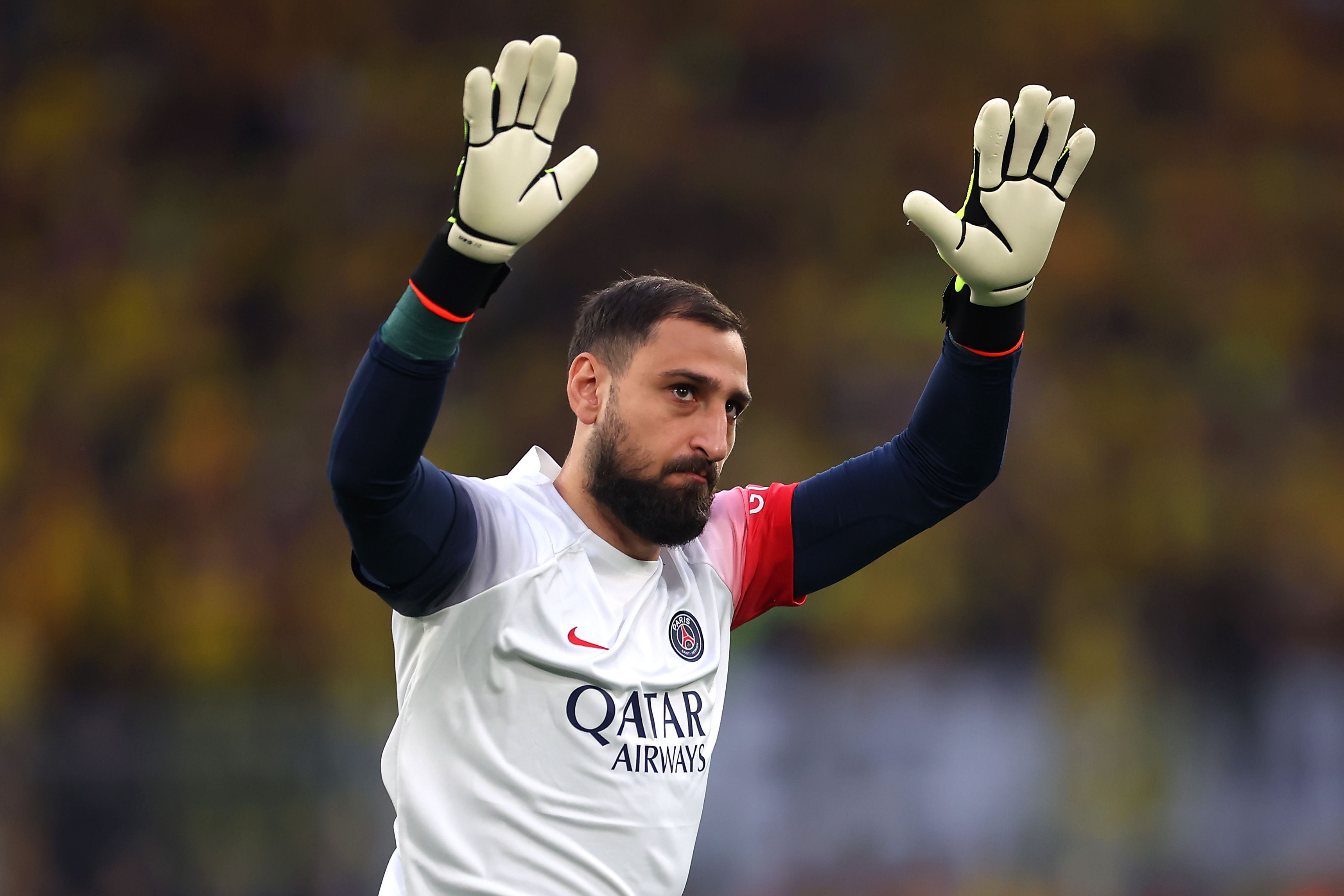 DORTMUND, GERMANY - MAY 01: Gianluigi Donnarumma of Paris Saint-Germain acknowledges the fans during the warm up prior to the UEFA Champions League semi-final first leg match between Borussia Dortmund and Paris Saint-Germain at Signal Iduna Park on May 01, 2024 in Dortmund, Germany. (Photo by Alex Grimm/Getty Images) (Photo by Alex Grimm/Getty Images)