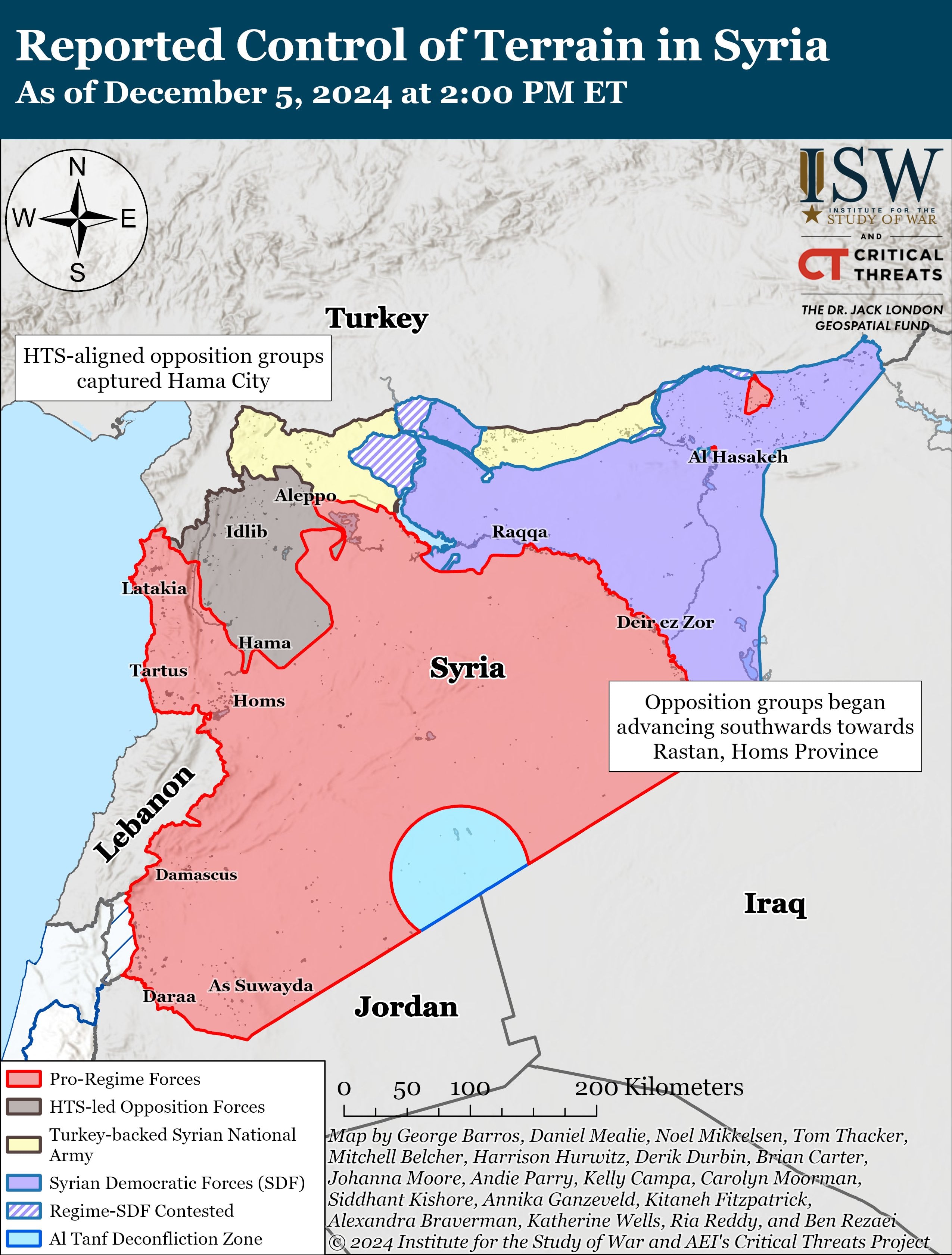 Reparto del control territorial en Siria. En gris está la región bajo dominio islamista, en rojo la que controla el régimen gubernamental y en morado la zona bajo influencia de las tropas kurdas