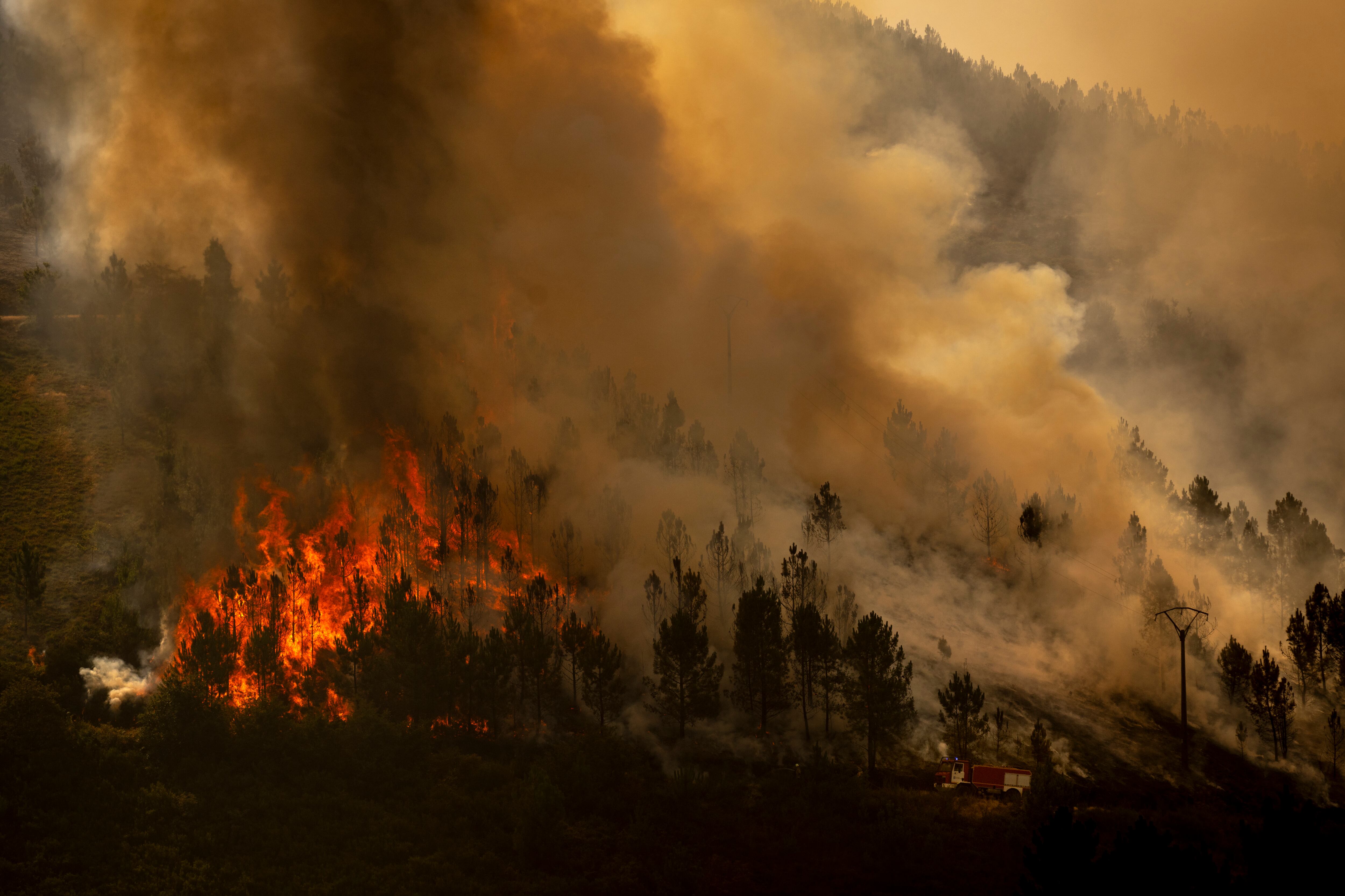 MACEDA (OURENSE), 10/08/2025.- Vista del incendio que se registra en los alrededores de Maceda (Ourense) este domingo. Un incendio con entre cinco y seis puntos que prendieron casi a la vez y que obligó a la Xunta a decretar el nivel 2 de emergencia este domingo de madrugada por su proximidad al núcleo de A Teixeira, en Maceda (Ourense), situación que ya se ha desactivado, según informa el 112 Galicia. EFE/ Brais Lorenzo
