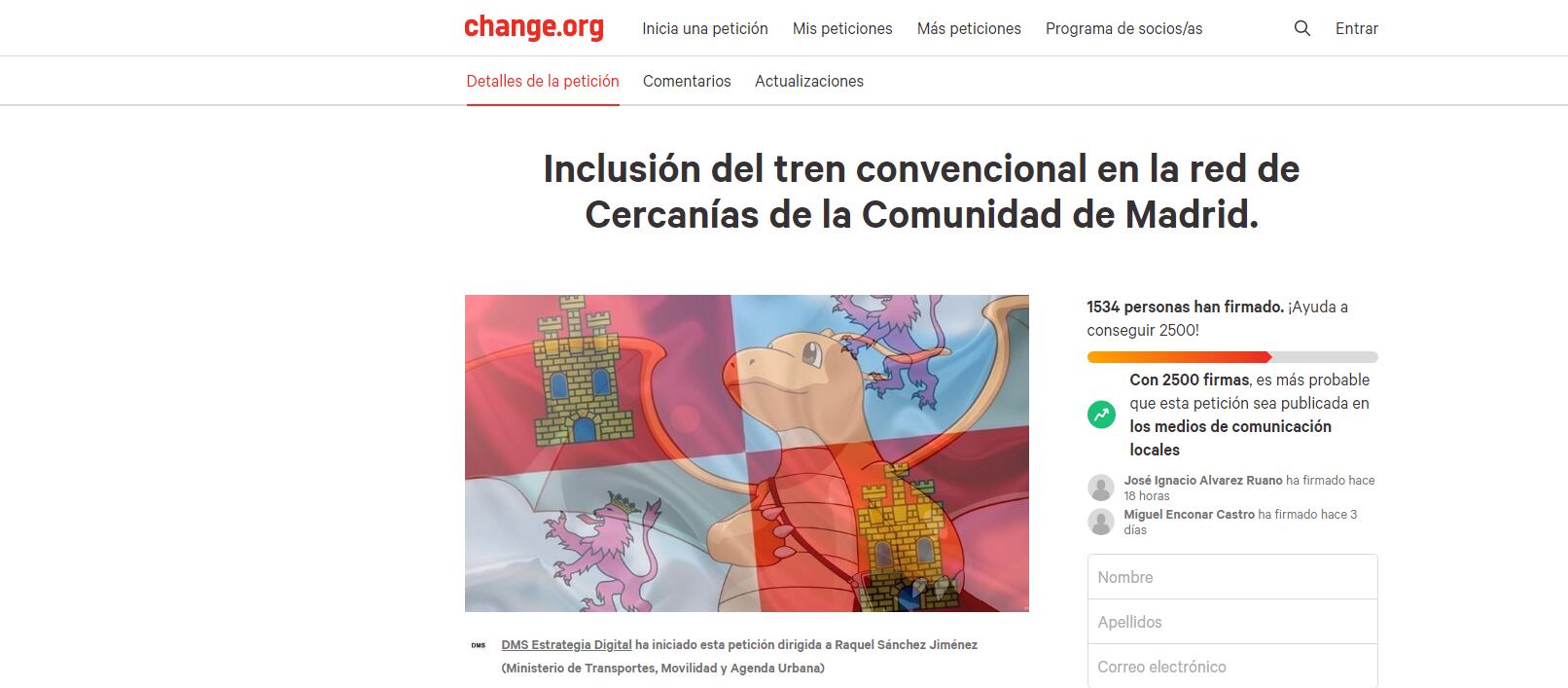 Imagen de la página Change.org con la petición de incluir a Ávila en la Red de Cercanías de Renfe