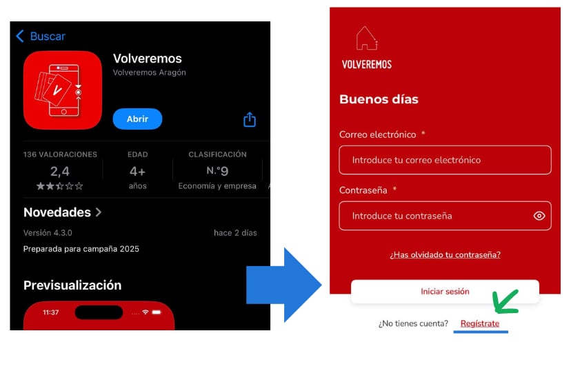 Pasos para usar la app Volveremos
