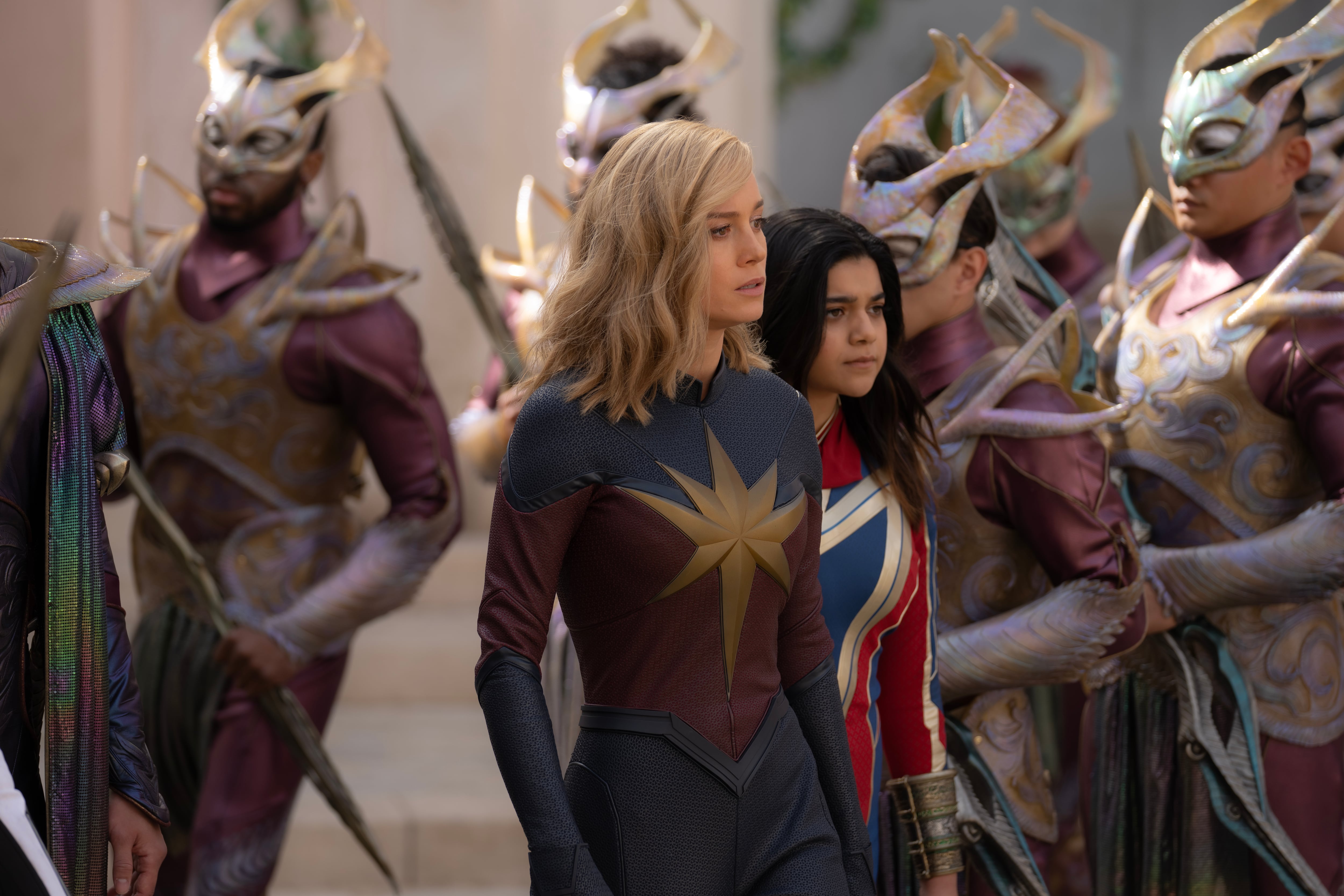 (L-R): Brie Larson as Captain Marvel/Carol Danvers and Iman Vellani as Ms. Marvel/Kamala Khan in Marvel Studios&#039; THE MARVELS. Photo by Laura Radford. © 2023 MARVEL.