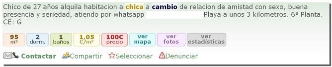 Un anuncio del portal Milanuncios.com en el que se ofrece alojamiento a cambio de sexo