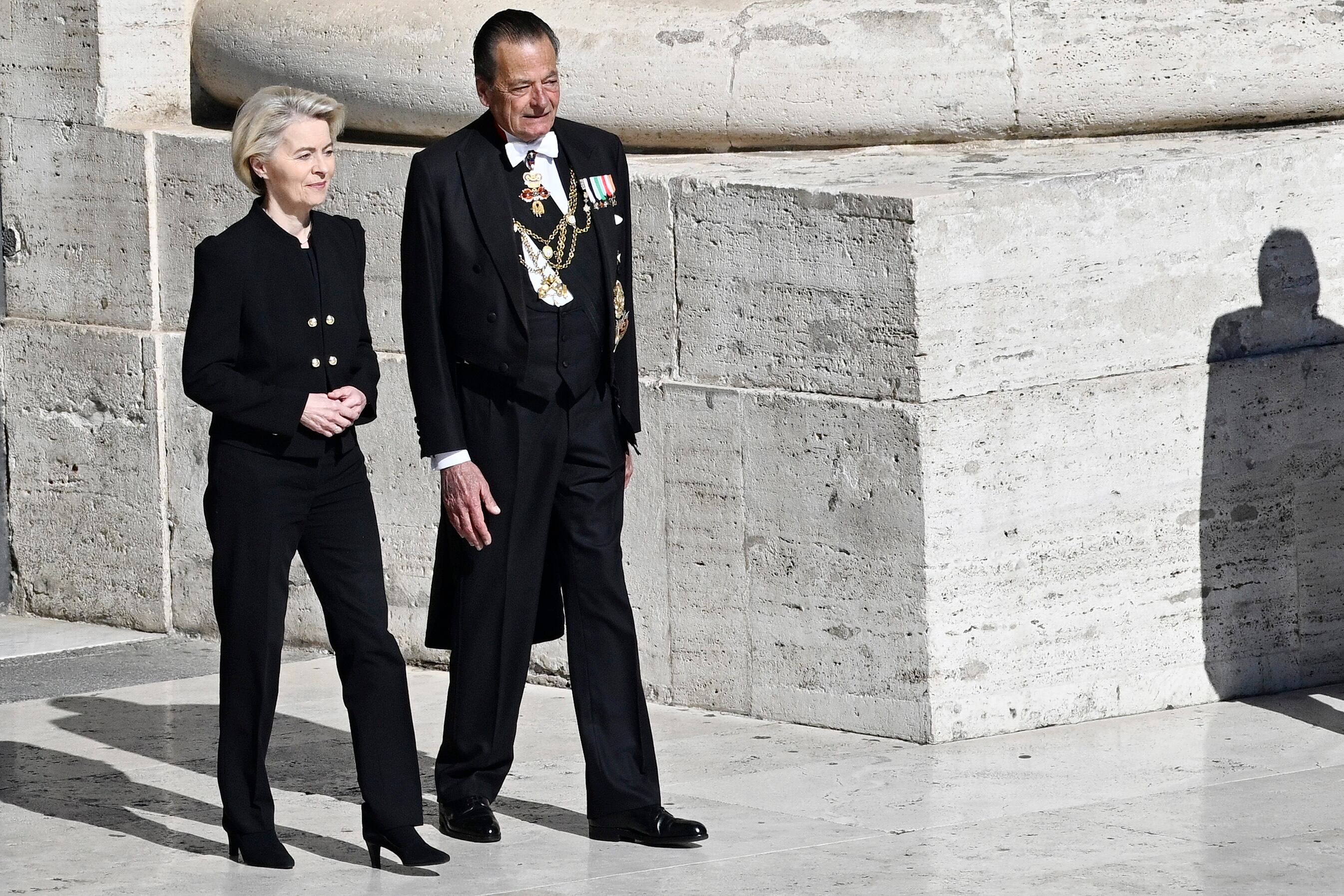 VATICAN CITY, VATICAN - APRIL 26: President of the European Commission Ursula von der Leyen arrives at the funeral of Pope Francis in St. Peter’s Square on April 26, 2025 in Vatican City, Vatican. Pope Francis died on April 21st at the age of 88. Born in Argentina as Jorge Mario Bergoglio, he was the first Latin American and the first Jesuit to become Pope when elected in 2013. Taking the name Francis after St Francis of Assisi, he promoted a more humble version of the papacy than many of his predecessors. He will be buried outside of the Vatican in a simple wooden coffin at the Basilica Santa Maria Maggiore.  (Photo by Antonio Masiello/Getty Images)