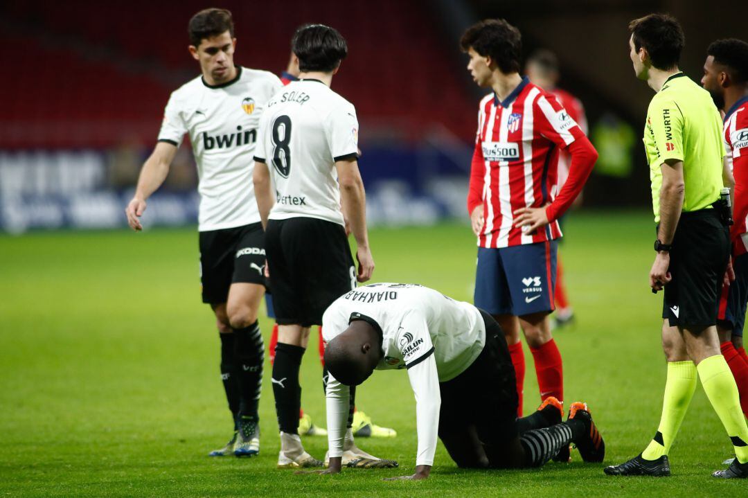 Mouctar Diakhaby of Valencia gets injured during the spanish league, La Liga, football match played between Atletico de Madrid and Valencia CF at Wanda Metropolitano stadium on january 24, 2021, in Madrid, Spain.