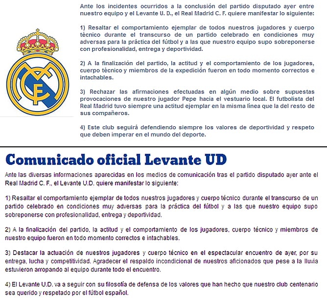 El equipo levantinista respondió con cierta sorna al comunicado del Real Madrid. El club de Orriols podría decirse que casi ha utilizado de plantilla el primer comunicado blanco, del que solo ha variado los puntos finales