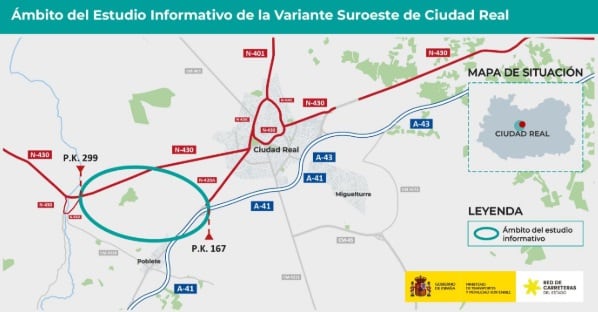 Mapa por donde discurrirá la variante suroeste de Ciudad Real