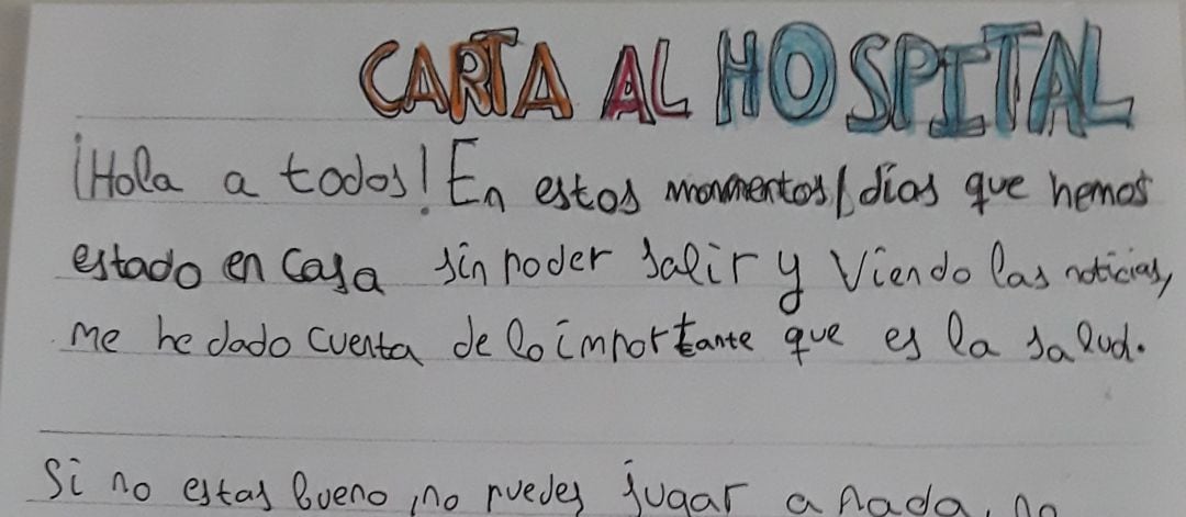 Una de las cartas enviadas por el colegio El Espartidero 