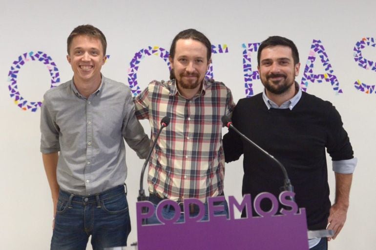 Errejón, Iglesias y Espinar, tras anunciar el acuerdo de la lista unitaria. 