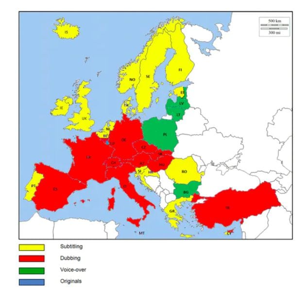 Mapa de las prácticas de traducción audiovisual en Europa.