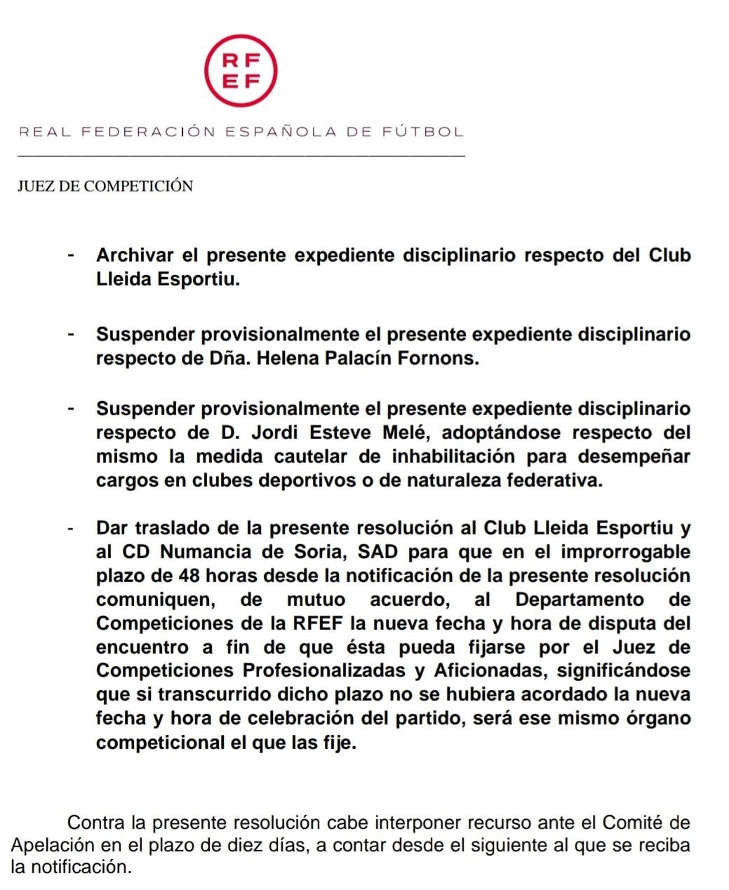 Resolución del juez de Competición de la RFEF.