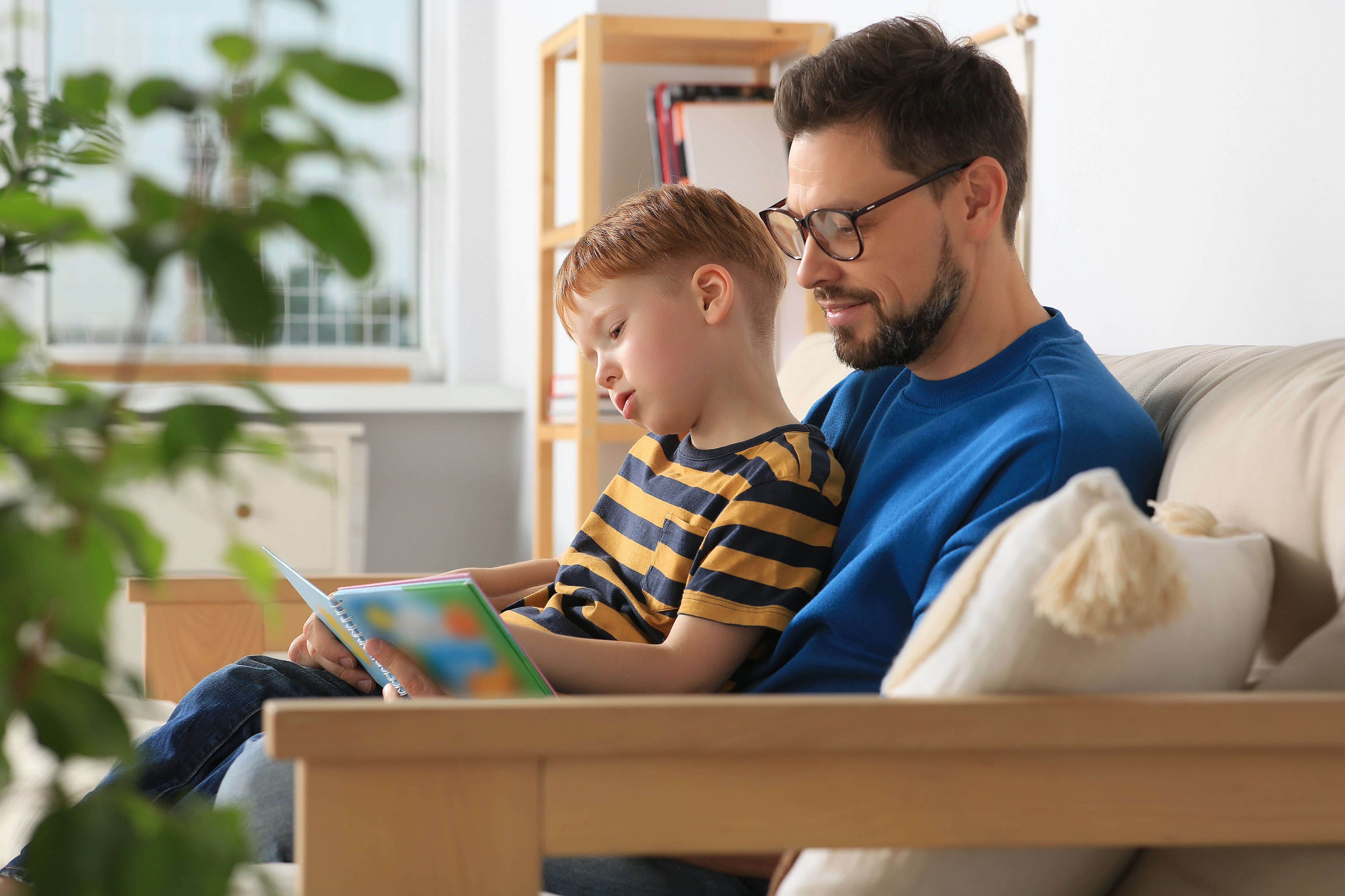 Father reading book with his son on sofa in living room at home