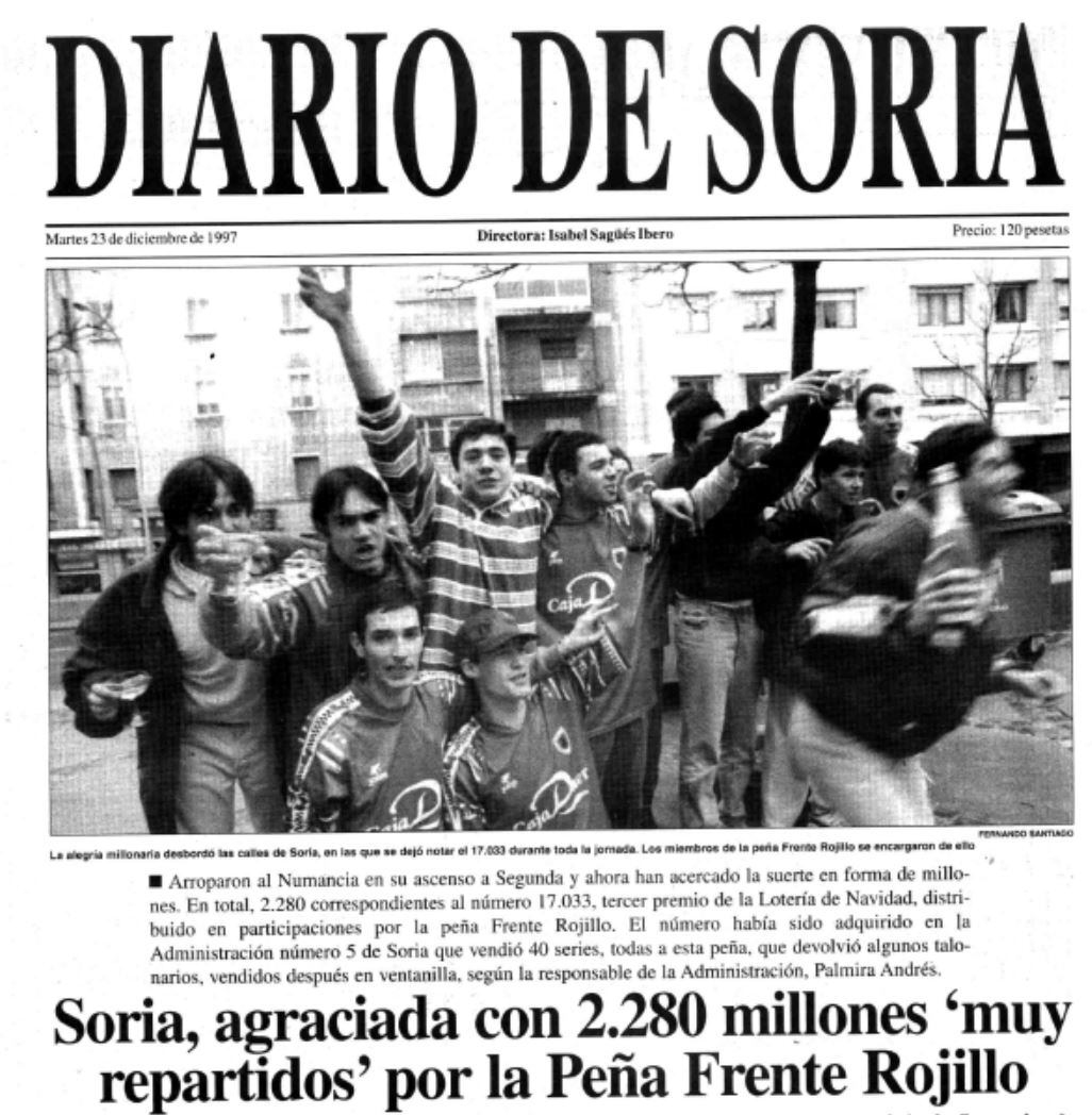 Portada del Diario de Soria, del 23 de diciembre de 1997, reflejando &#039;la lotería del Frente Rojillo&#039;.