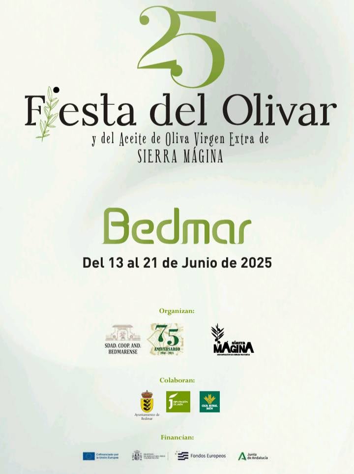 Cartel anunciador de la XXV Fiesta del Olivar y el Aceite de Sierra Mágina y 75 aniversario de la SCA Bedmarense