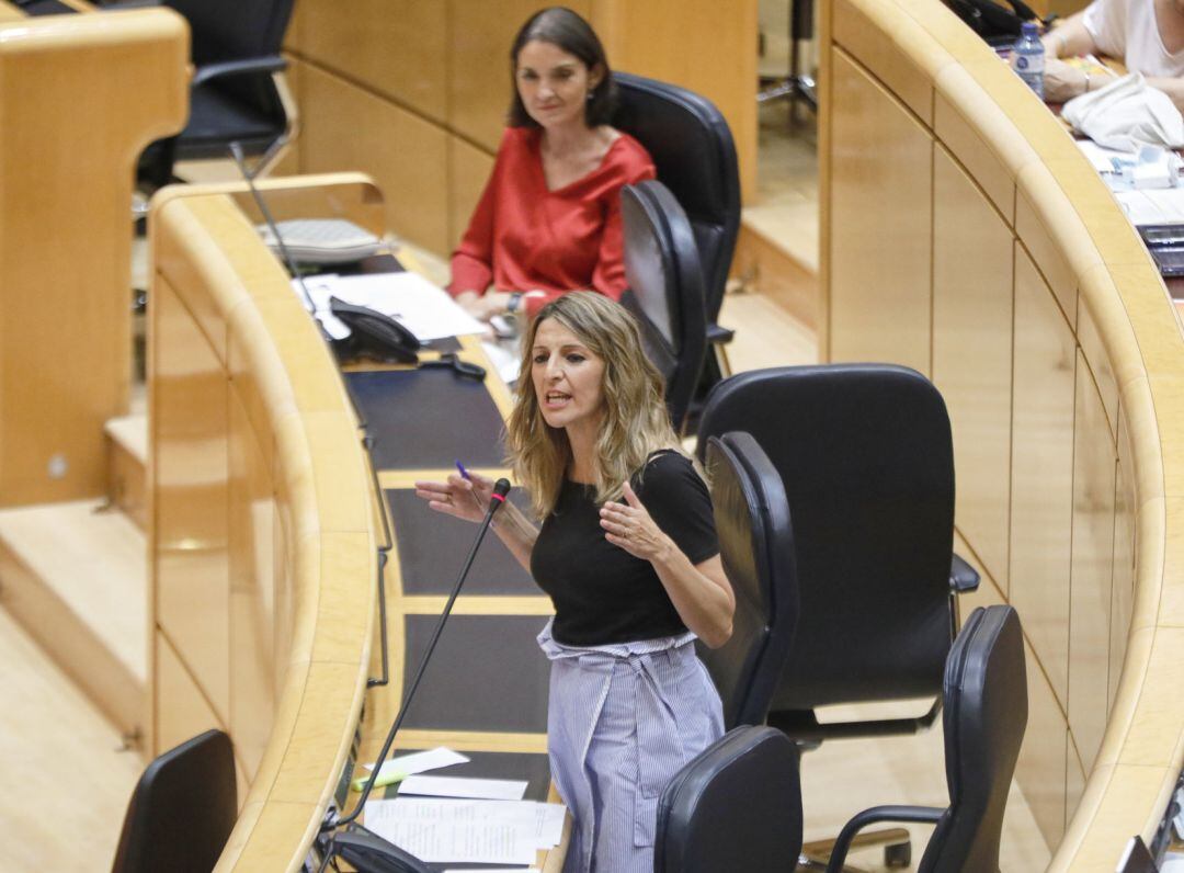 La Ministra de Trabajo y Economía Social, Yolanda Díaz, durante su intervención en una sesión plenaria en el Senado