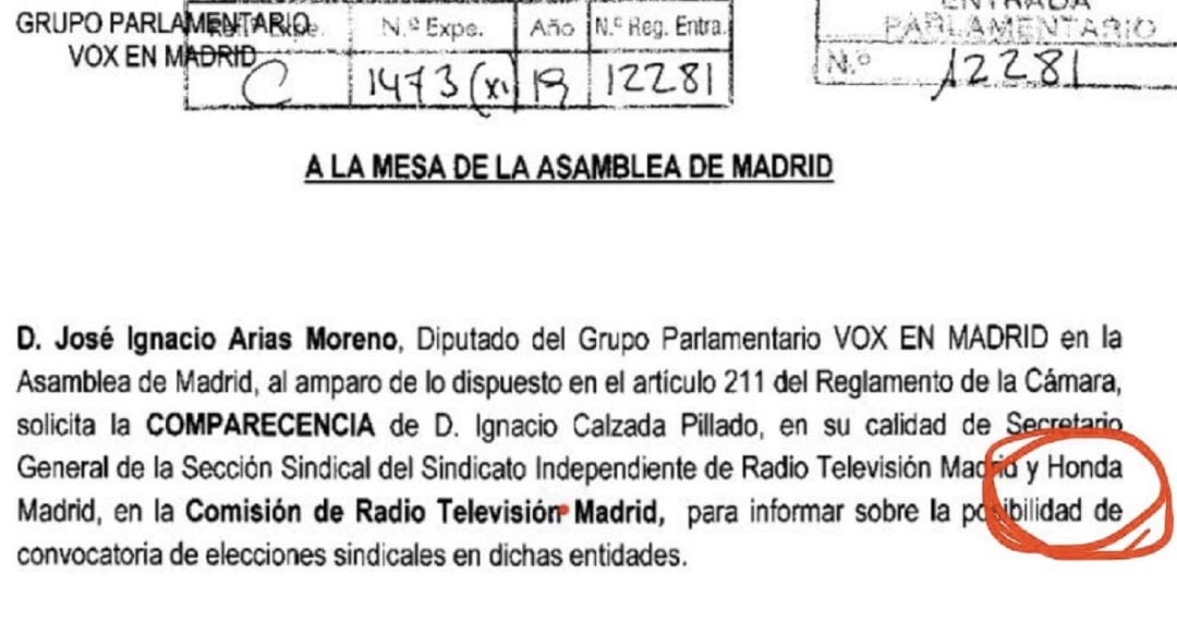 El diputado de VOX José Ignacio Arias Moreno tuvo un lapsus y en vez de poner Onda Madrid escribió Honda Madrid