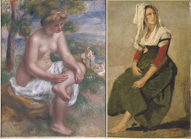 Dos de las obras expuestas: &#039;Bañista sentada en un paisaje, llamada Eurídice&#039;, de Pierre-Auguste Renoir (der.) y &#039;La italiana María Di Sorre&#039;, de Jean-Baptiste Camille Corot (izq.).