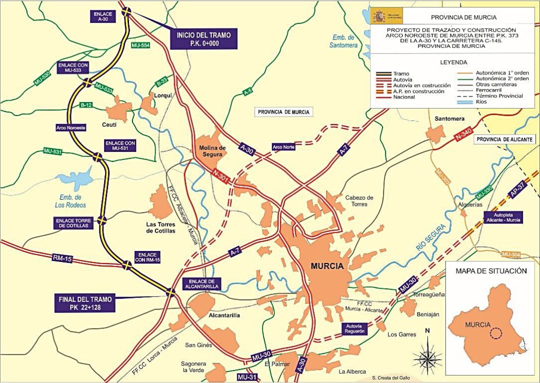 Mapa del proyecto de obras del Arco Noroeste y Arco Norte de Murcia.