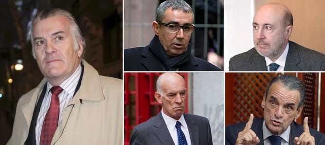 Los hombres que han puesto en jaque al Estado. De izquierda a derecha, Luis Bárcenas, Diego Torres, Luis Roldán, José Amedo y Mario Conde