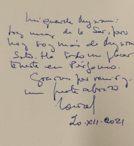 Dedicatoria de Lourdes Serrano de la librería Pérgamo a Myriam Soto