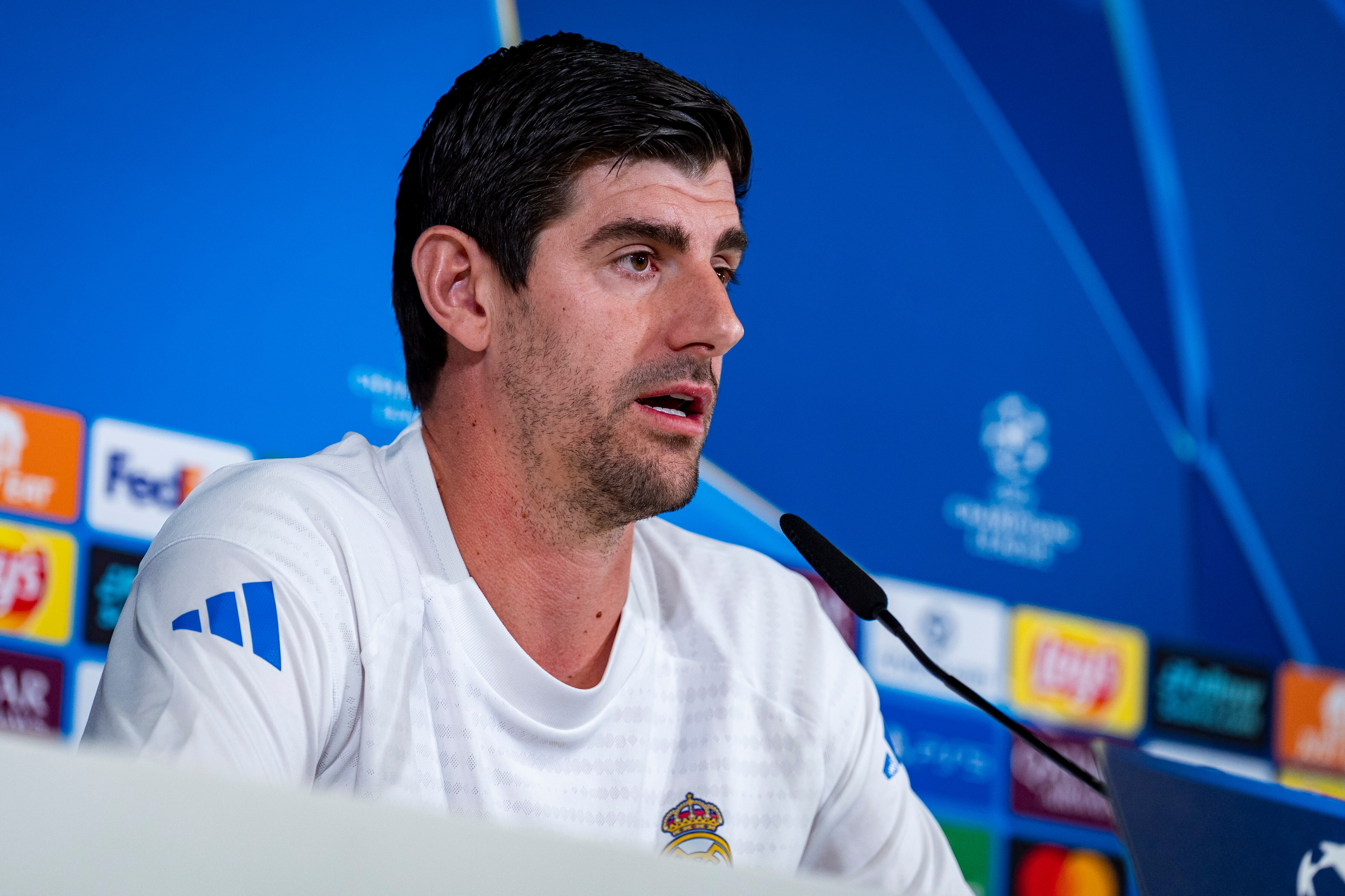 Thibaut Courtois, en rueda de prensa antes del Real Madrid-Benfica