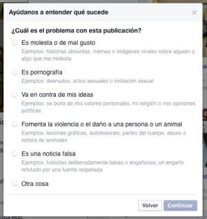 Opciones de denuncia en Facebook / CADENA SER