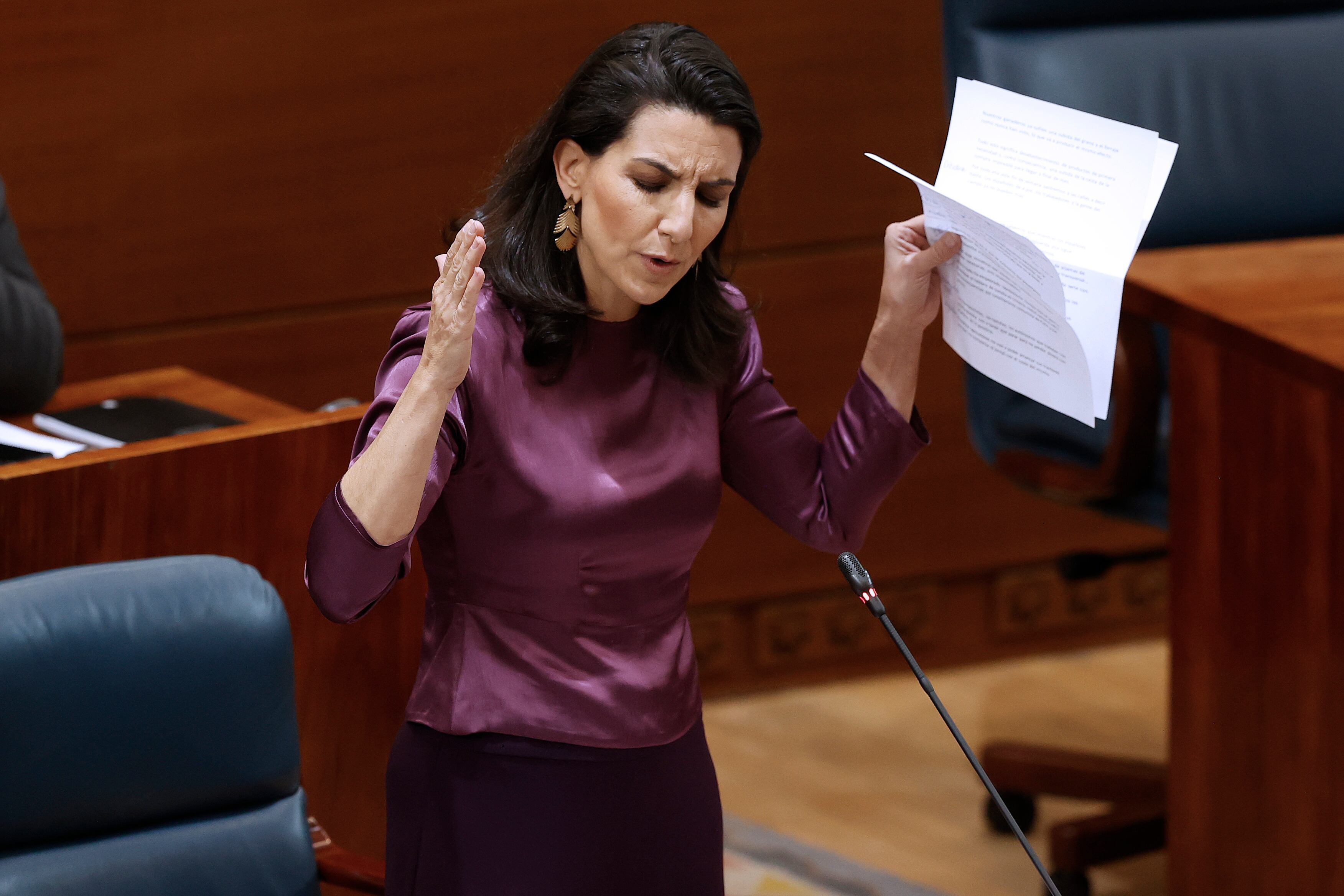 La portavoz de Vox en la Asamblea de Madrid, Rocío Monasterio, interviene en el pleno de la Asamblea de Madrid, este jueves.