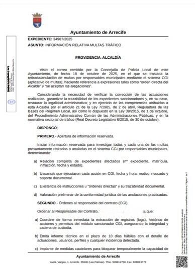 Providencia del alcalde de Arrecife por la investigación sobre anulación de multas.
