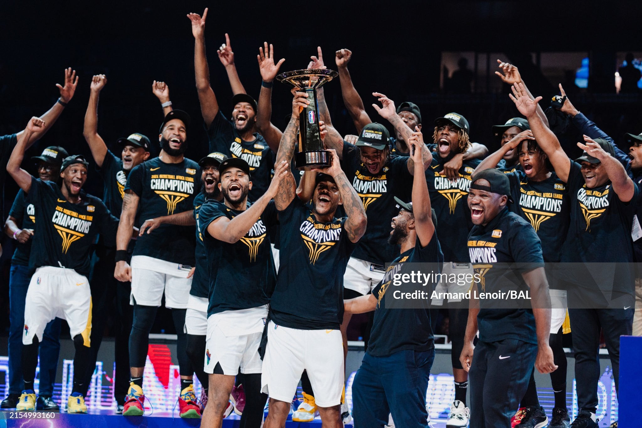 KIGALI, RWANDA - JUNE 1: Petroleos De Luanda celebrate after winning the 2024 Basketball Africa League championship against the Al Ahly Ly during the 2024 Basketball Africal League Championship on June 1, 2024 at BK Arena in Kigali, Rwanda.