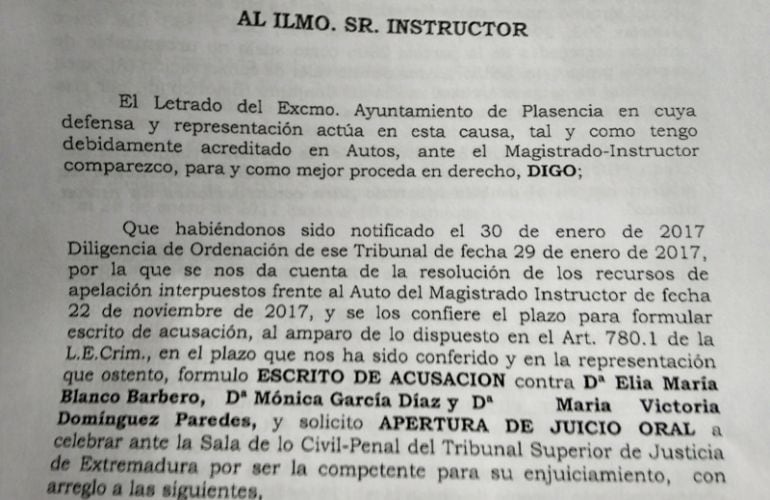 Fragmento del escrito de acusación del Ayuntamiento de Plasencia en el caso Santa Bárbara