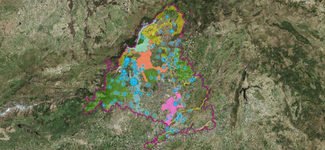 Situación de las fincas para bodas en la Comunidad de Madrid (azul) y areas protegidas coloreadas según tipo