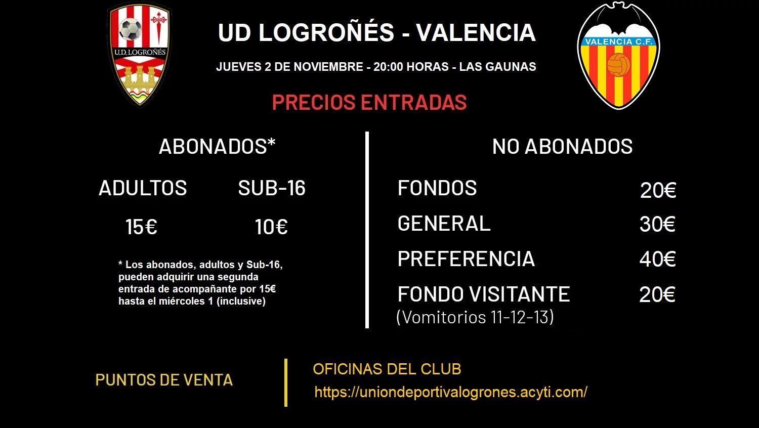 La UD Logroñés publica los precios del partido copero frente al Valencia CF / UD Logroñés