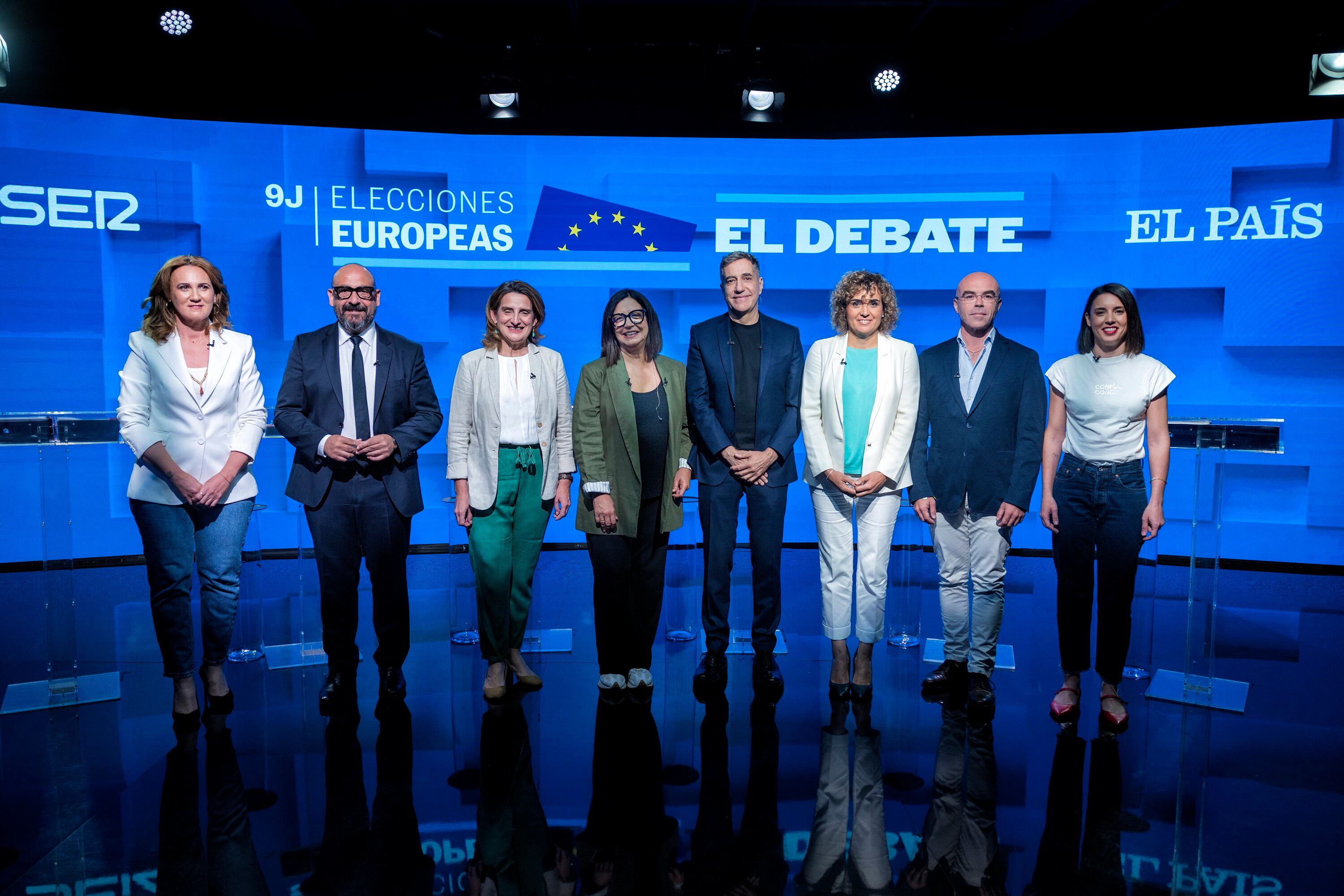 DVD 1216 (03/06/24)  Debate elecciones europeas 9J. De izquierda a derecha, Estrella Galán (Sumar), Jordi Cañas (Ciudadanos), Teresa Ribera (PSOE), Dolors Montserrat (PP), Jorge Buxadé (VOX) e Irene Montero (Podemos)   © Claudio Álvarez