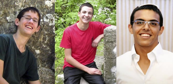 Los tres estudiantes secuestrados y asesinados: Naftali Frenkel (16), Gilad Shaer (16) y Eyal Yifraj (19)