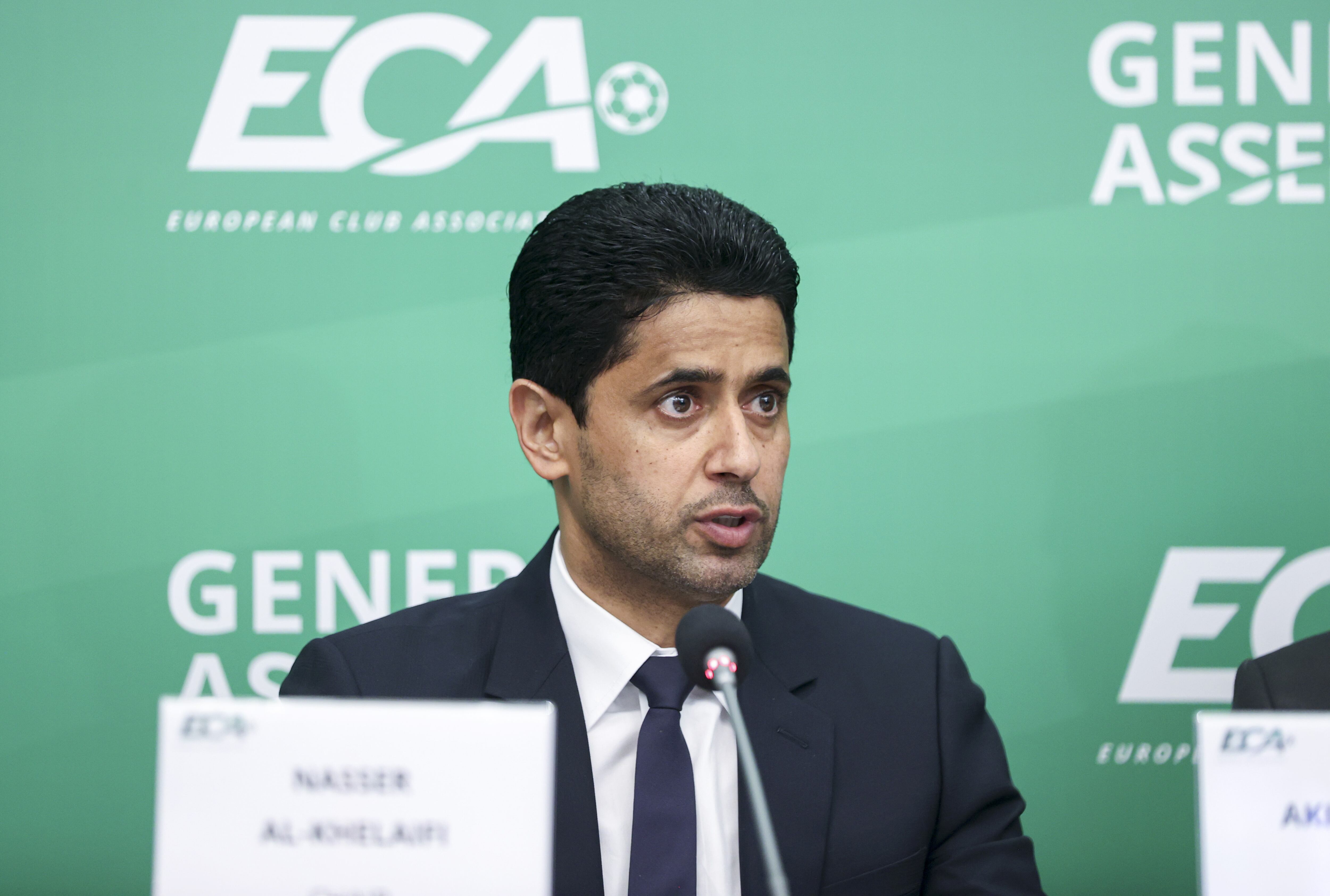 Nasser Al-Khelaifi, presidente de la ECA, durante una rueda de prensa. (Photo by Mehmet Eser/Anadolu Agency via Getty Images)