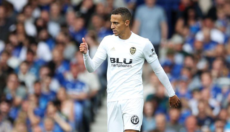 LIVERPOOL, ENGLAND - AUGUST 04: Rodrigo Moreno of Valencia celebrates sowing the opening goal during the Pre-Season Friendly between Everton and Valencia at Goodison Park on August 4, 2018 in Liverpool, England. (Photo by Lynne Cameron, Getty Images)