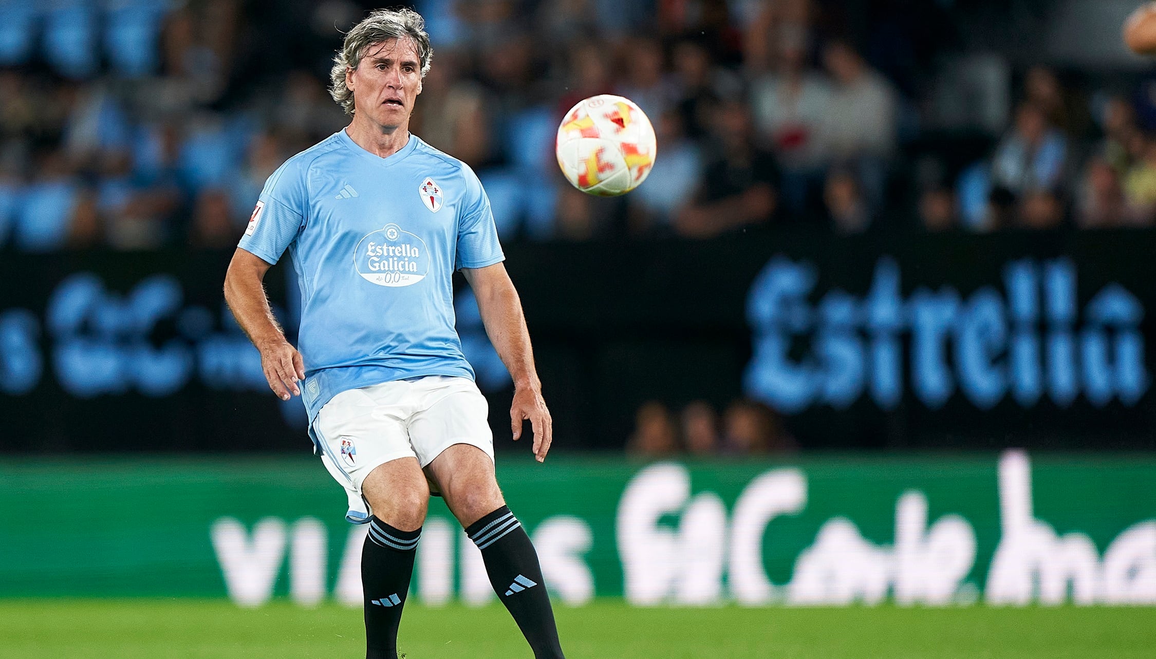 VIGO, SPAIN - AUGUST 30: Mario Bermejo of Lendas Celestes in action during the match between Lendas Celestes and All Stars Internacional, match belonging to the events of the centenary of RC Celta de Vigo at Estadio Abanca Balaidos on August 30, 2023 in Vigo, Spain. (Photo by Jose Manuel Alvarez/Quality Sport Images/Getty Images)
