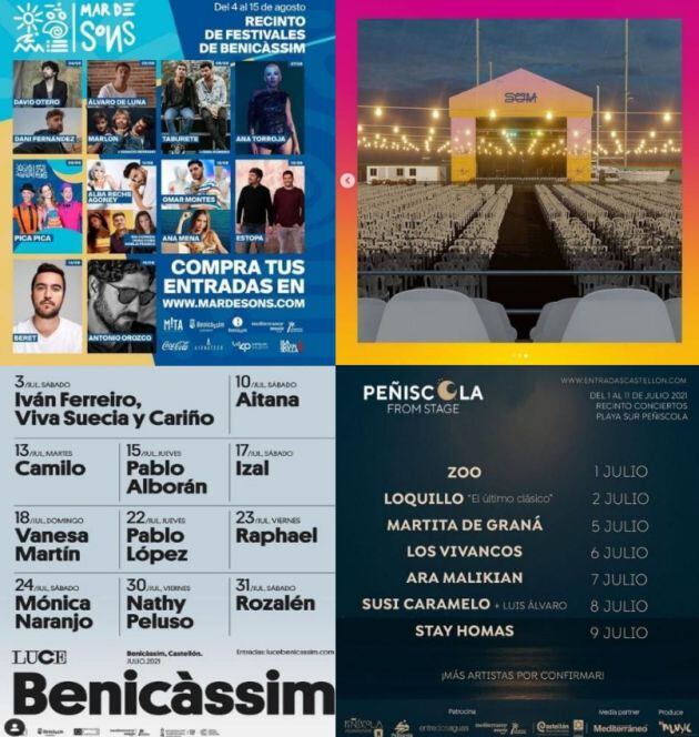 Carteles de algunos de los confirmados de Mar de Sons, Luce Benicàssim, Peñíscola From Stage, y escenario de SOM Festival Castelló.