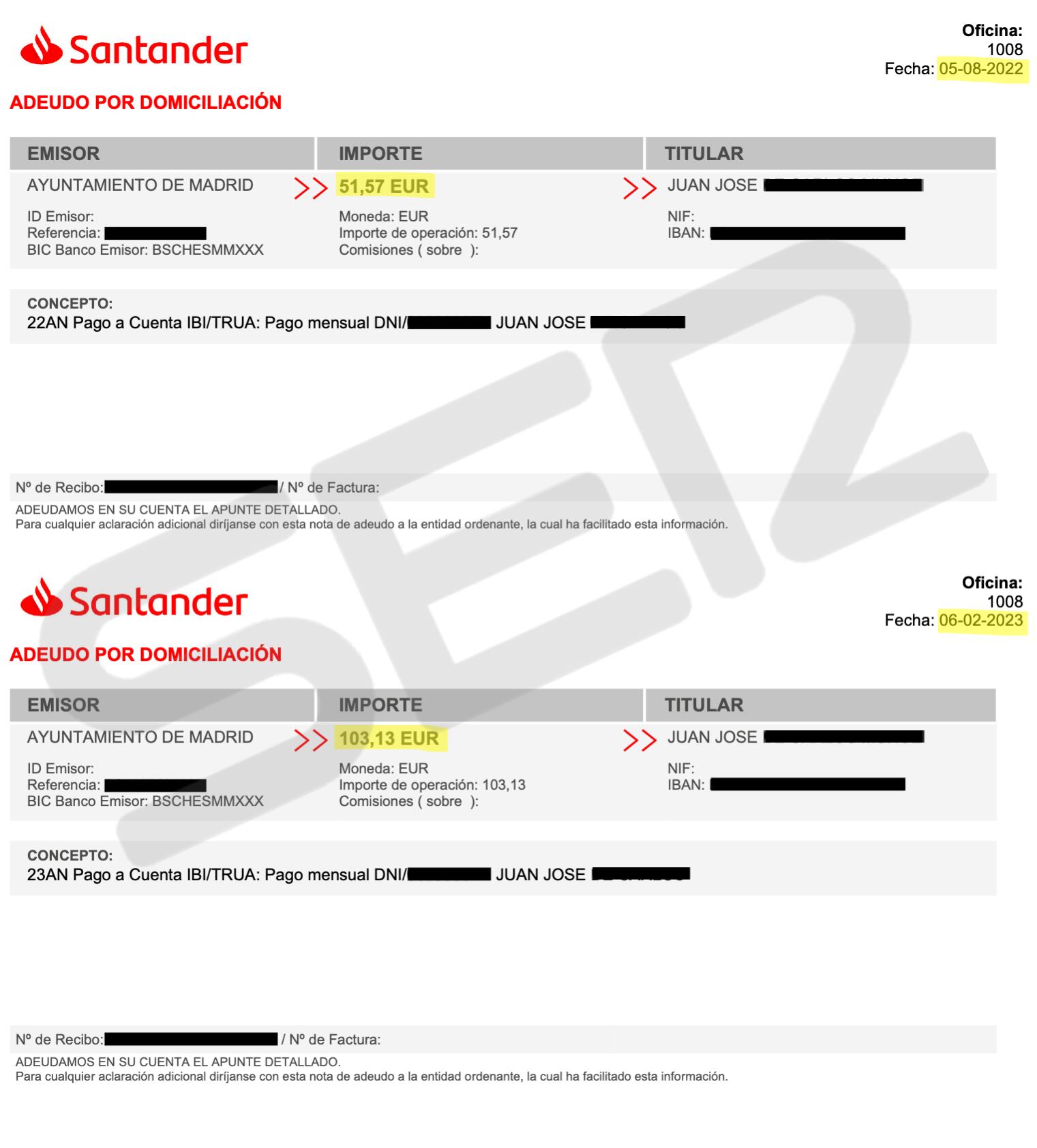 Recibos de agosto de 2022 (arriba) y febrero de 2023 (abajo) que muestran cuánto le afecta a Juan que no tengan en cuenta su título de familia numerosa en el cobro del IBI