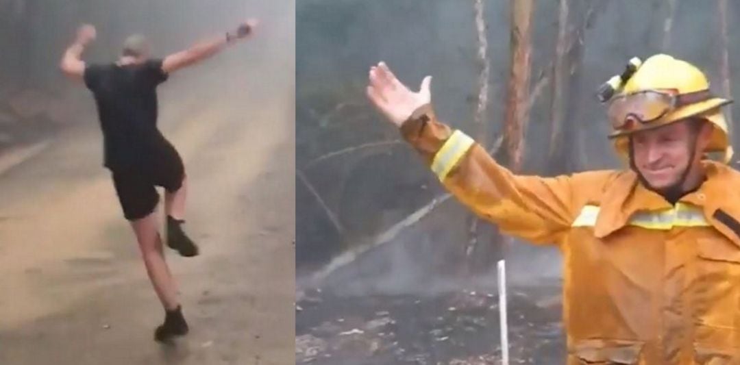 Bomberos celebran la llegada de la lluvia. 