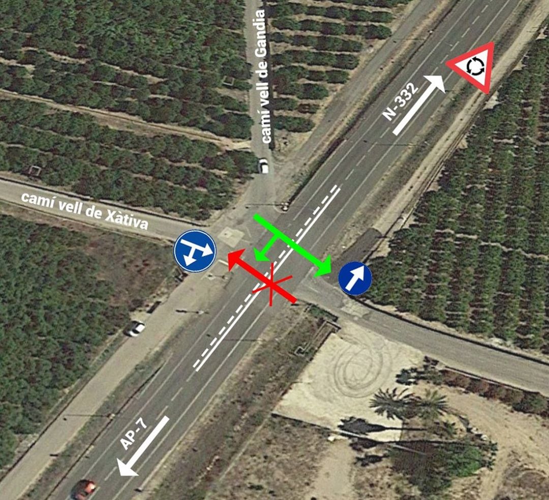 Cruce del camí Vell de Gandia y Xàtiva con el acceso a la Ap-7
