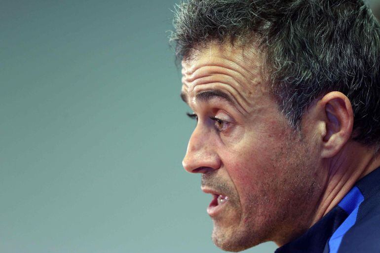 El entrenador del FC Barcelona, Luis Enrique Martínez, durante la rueda de prensa.