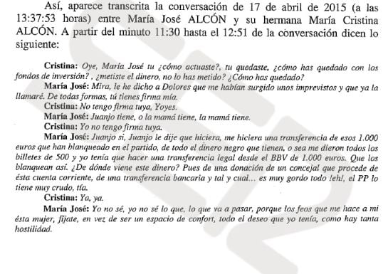 El sumario de la operación Taula recoge esta conversación entre María José Alcón y su hermana María Cristina.