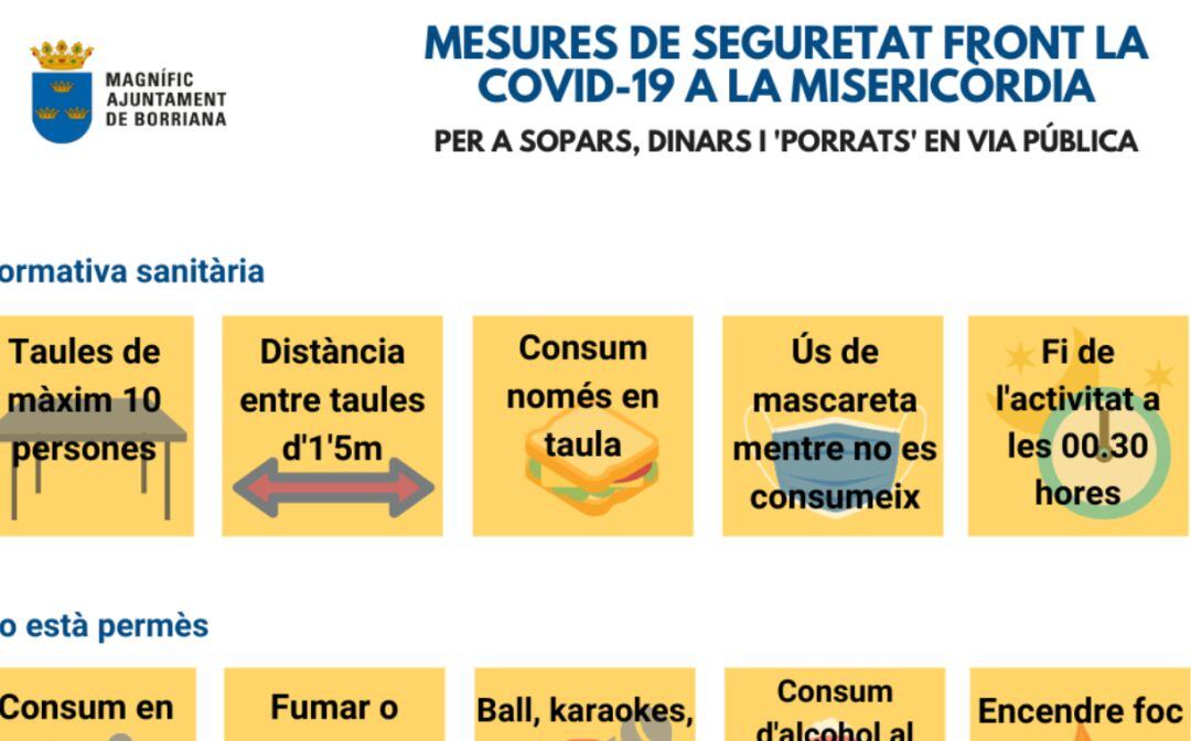 Se permitirán del 3 al 12 de septiembre cenas, comidas y ‘porrats’ en vía pública, en mesas de hasta 10 personas, que se deberán comunicar previamente