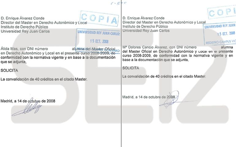 Documento con el que se solicitaron las convalidaciones de créditos de cuatro alumnas del máster 