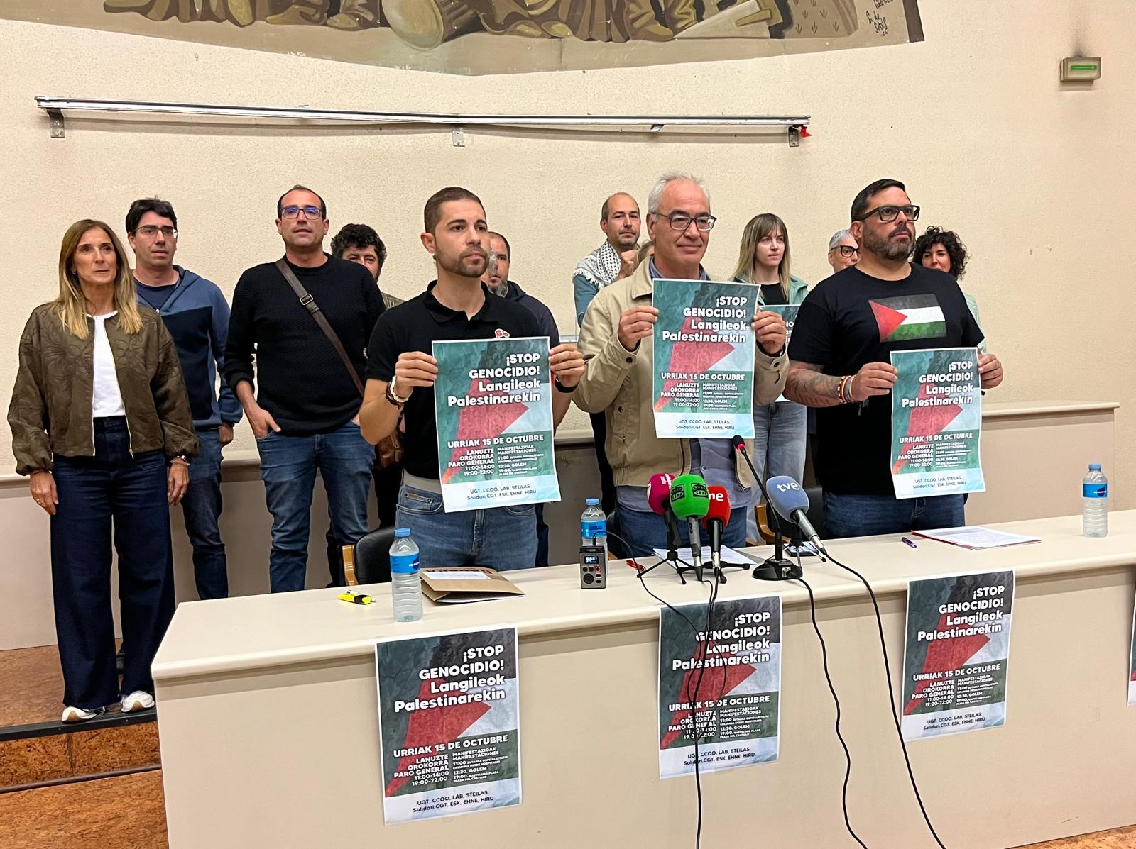 Sindicatos navarros llaman a los trabajadores a realizar paros parciales y a manifestarse el 15 de octubre por Palestina