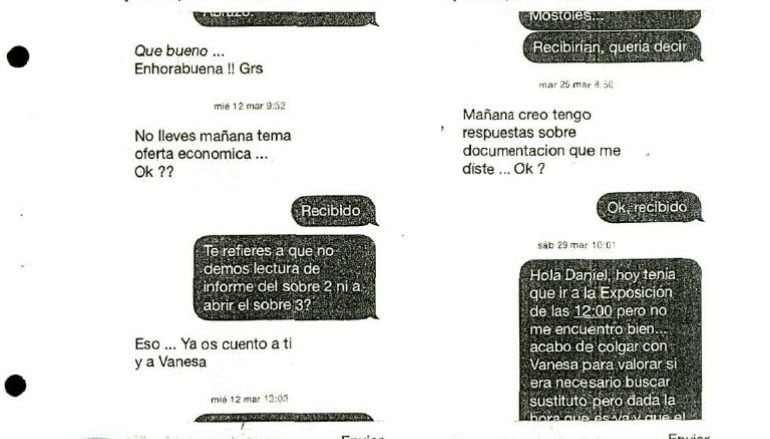 Pantallazo de los mensajes que según un concejal de Móstoles le envió el alcalde, aportados al sumario